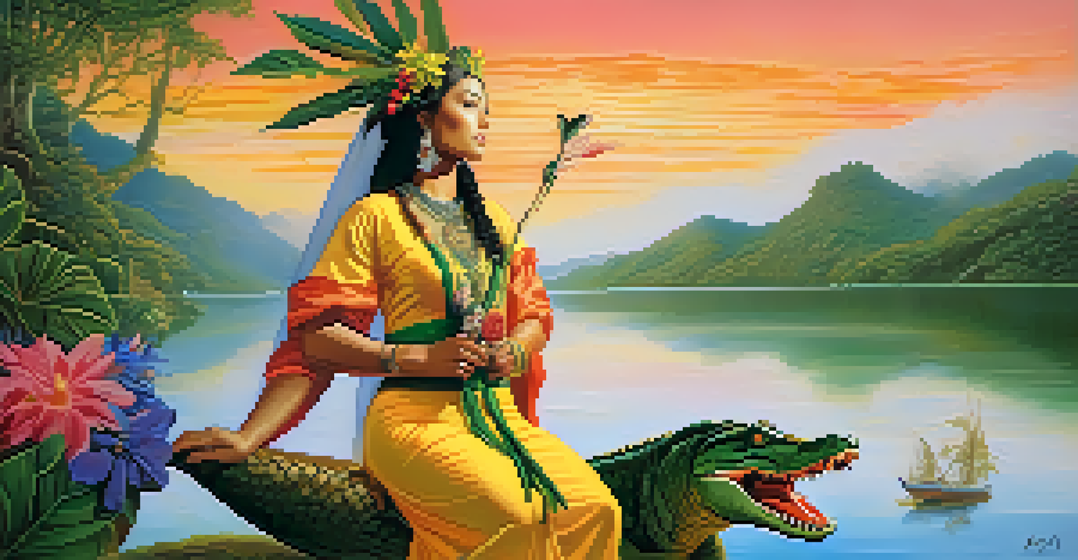 Cuca, the Brazilian witch, is depicted with a crocodile's head in a colorful dress, set against a serene river and sunset background, symbolizing her dual nature.