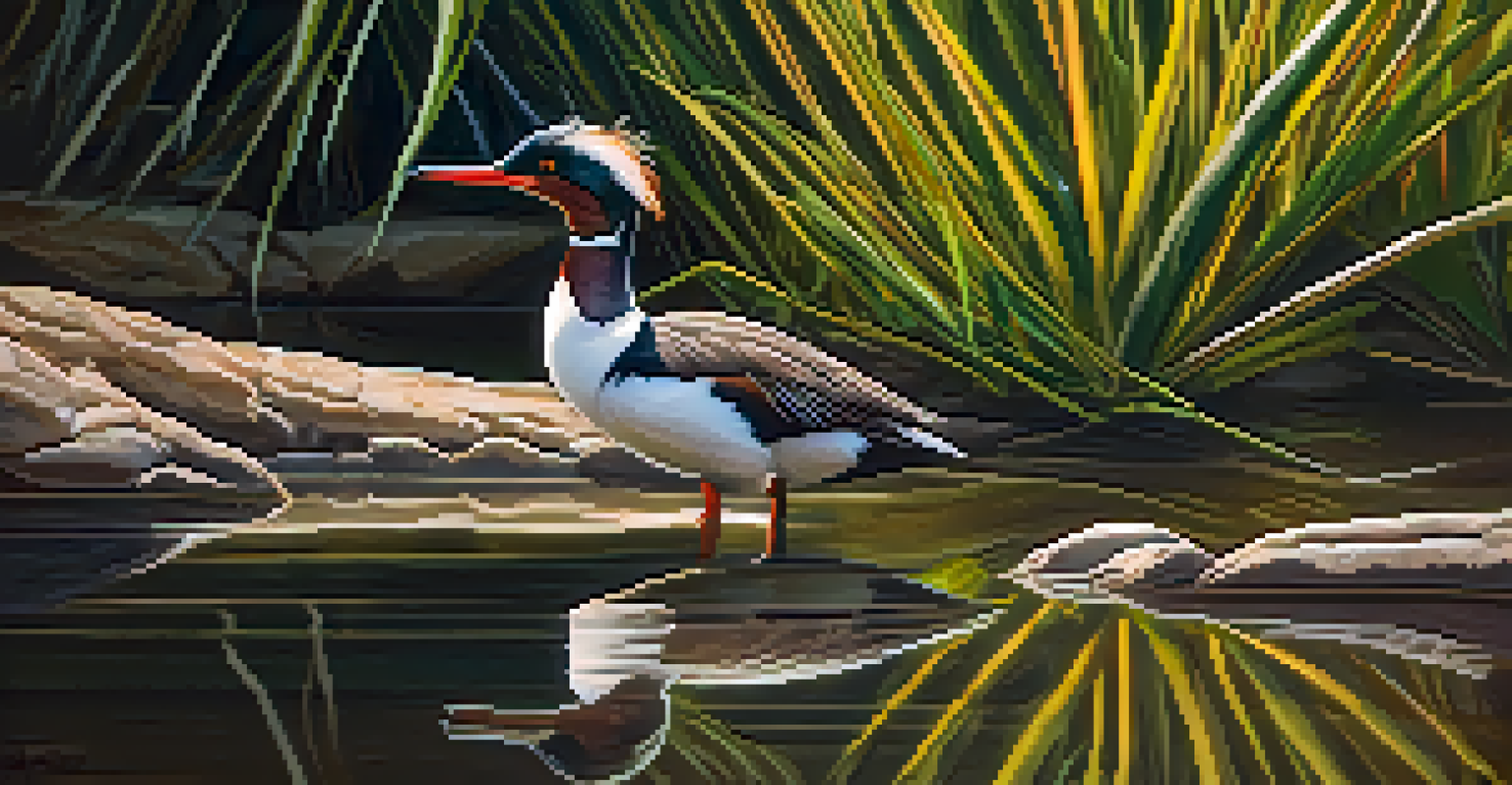 A close-up of a Brazilian Merganser by a stream, surrounded by lush greenery and morning light.