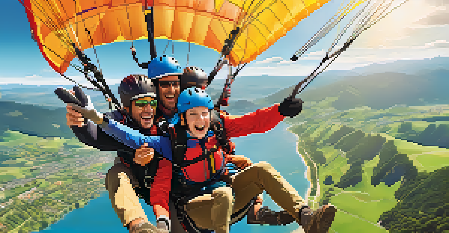 A tandem paragliding flight with a pilot and passenger smiling as they take off from a hilltop, surrounded by beautiful scenery.