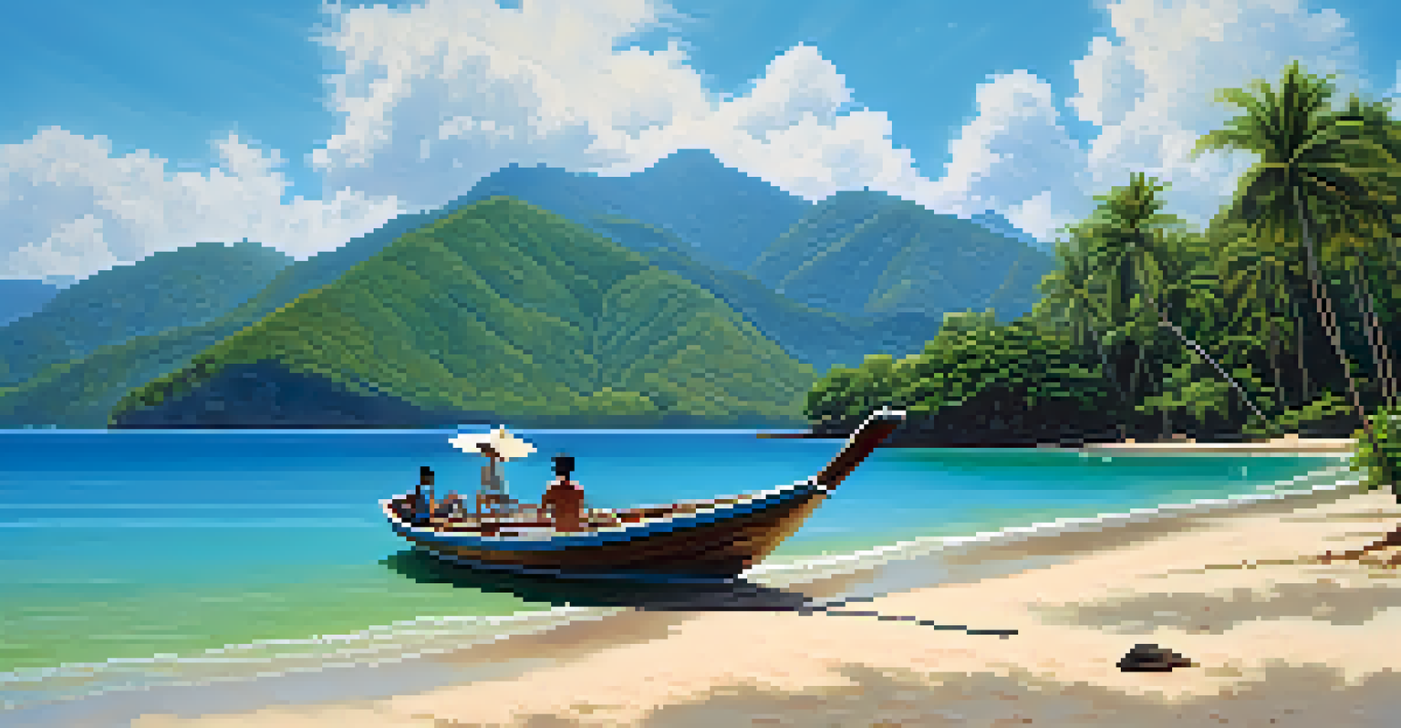A serene beach near Paraty with turquoise waters, mountains, and beachgoers relaxing under palm trees.
