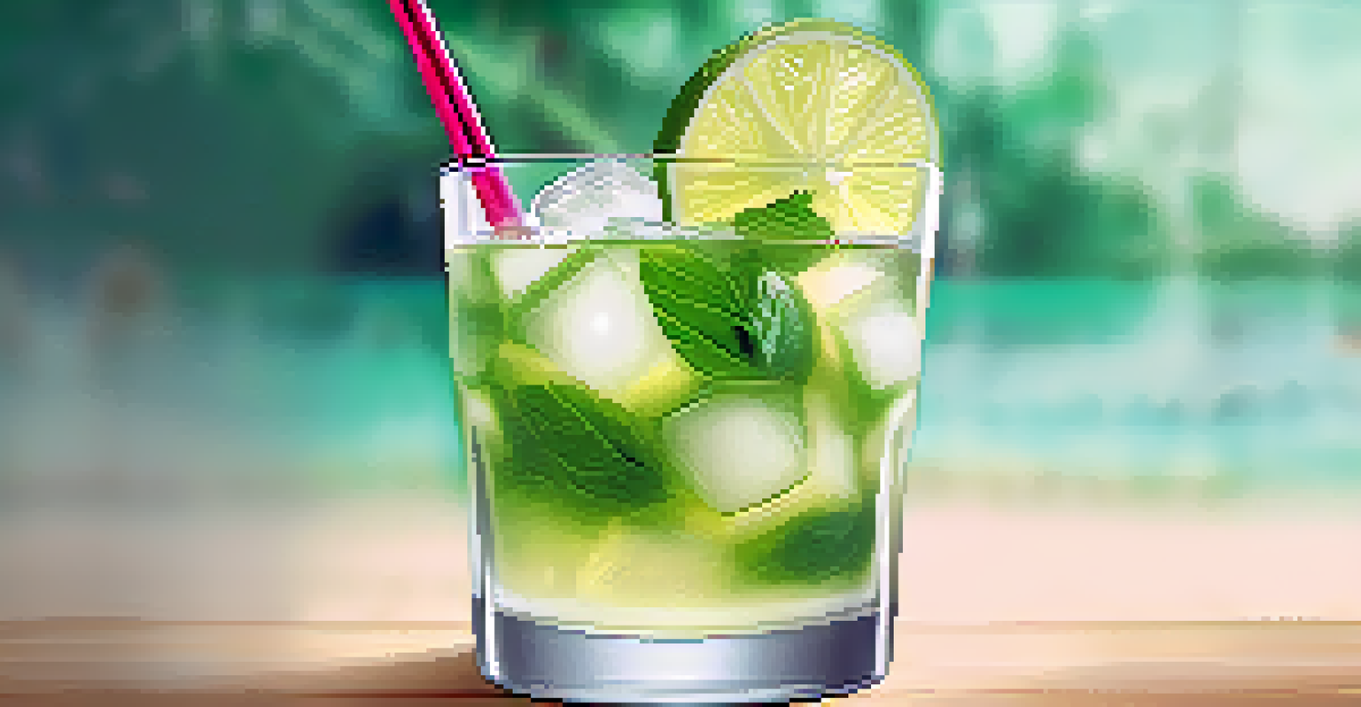 A close-up of a caipirinha cocktail made with cachaça, lime, and mint, served in a clear glass with ice.