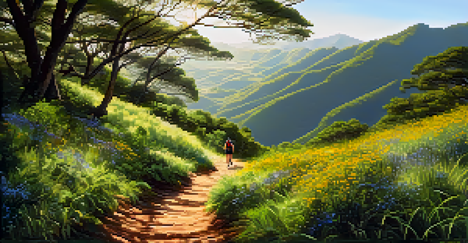 A hiker on a trail surrounded by dense greenery and wildflowers, with sunlight filtering through the trees.
