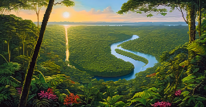 An aerial view of the Amazon rainforest with a zip-liner gliding through the treetops amidst lush greenery.