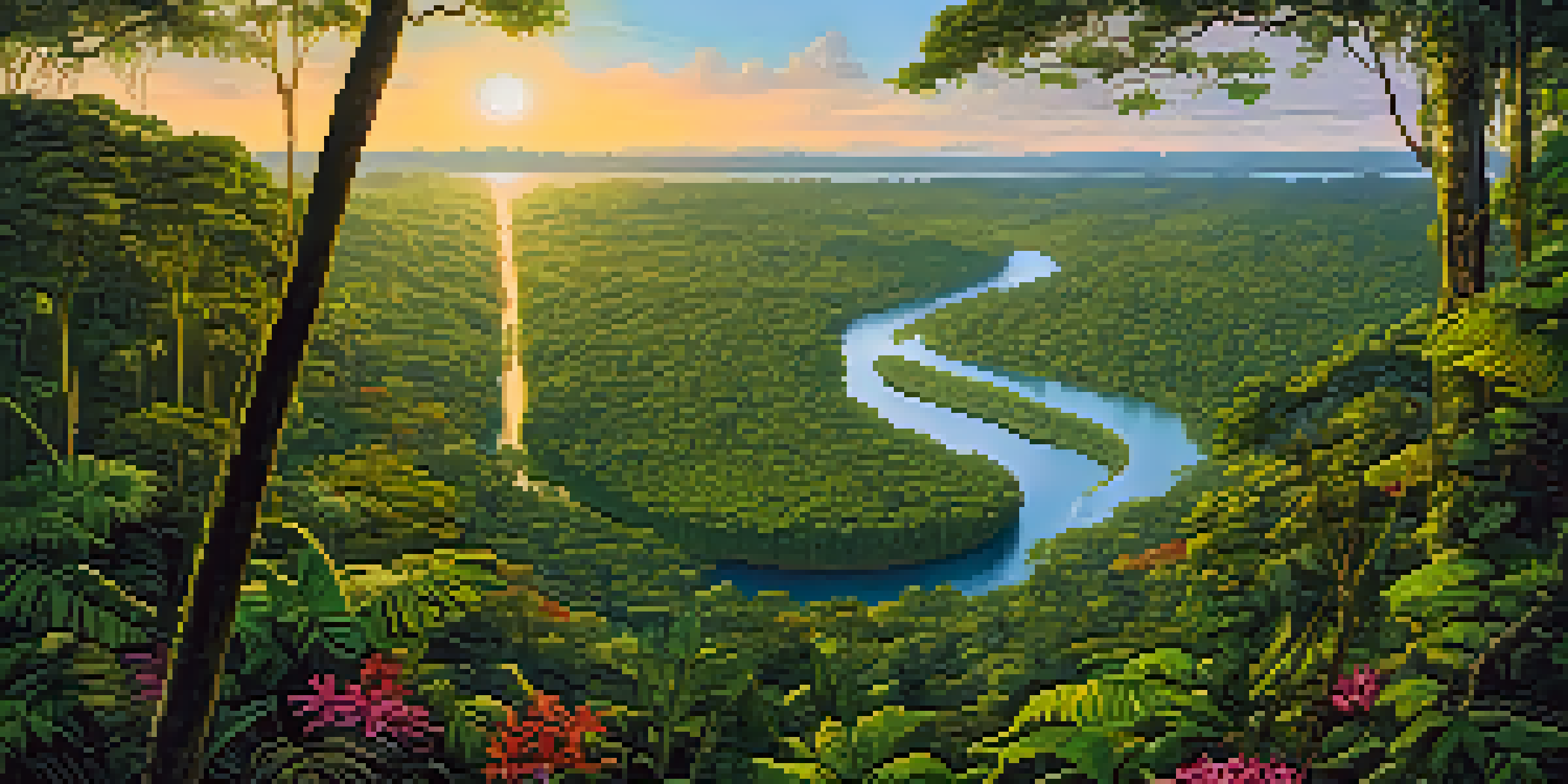 An aerial view of the Amazon rainforest with a zip-liner gliding through the treetops amidst lush greenery.