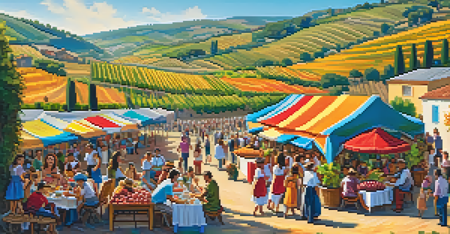 A lively Harvest Festival with visitors picking grapes, enjoying music, and local food in a vineyard setting.