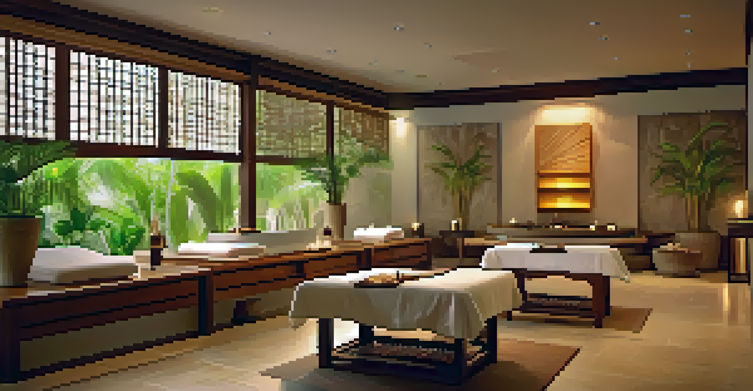 A cozy interior of a Brazilian spa featuring bamboo accents, soft lighting, and treatment beds.