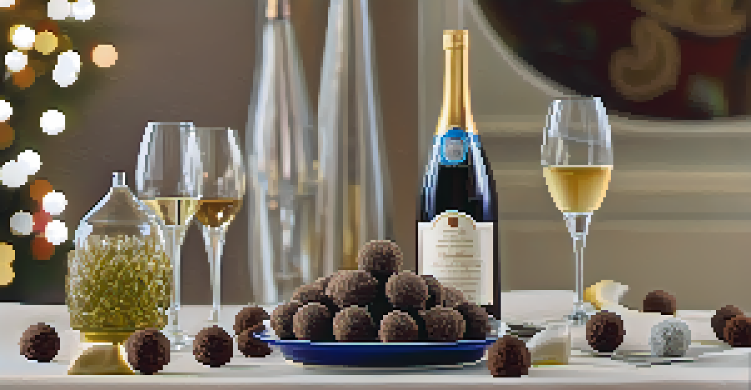A platter of brigadeiros chocolate truffles next to a bottle of late-harvest Riesling wine, set in a festive ambiance.