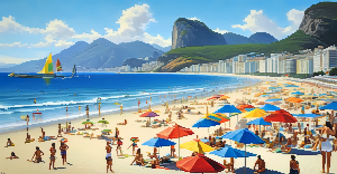 A lively beach scene at Copacabana with people enjoying the sun and ocean activities.