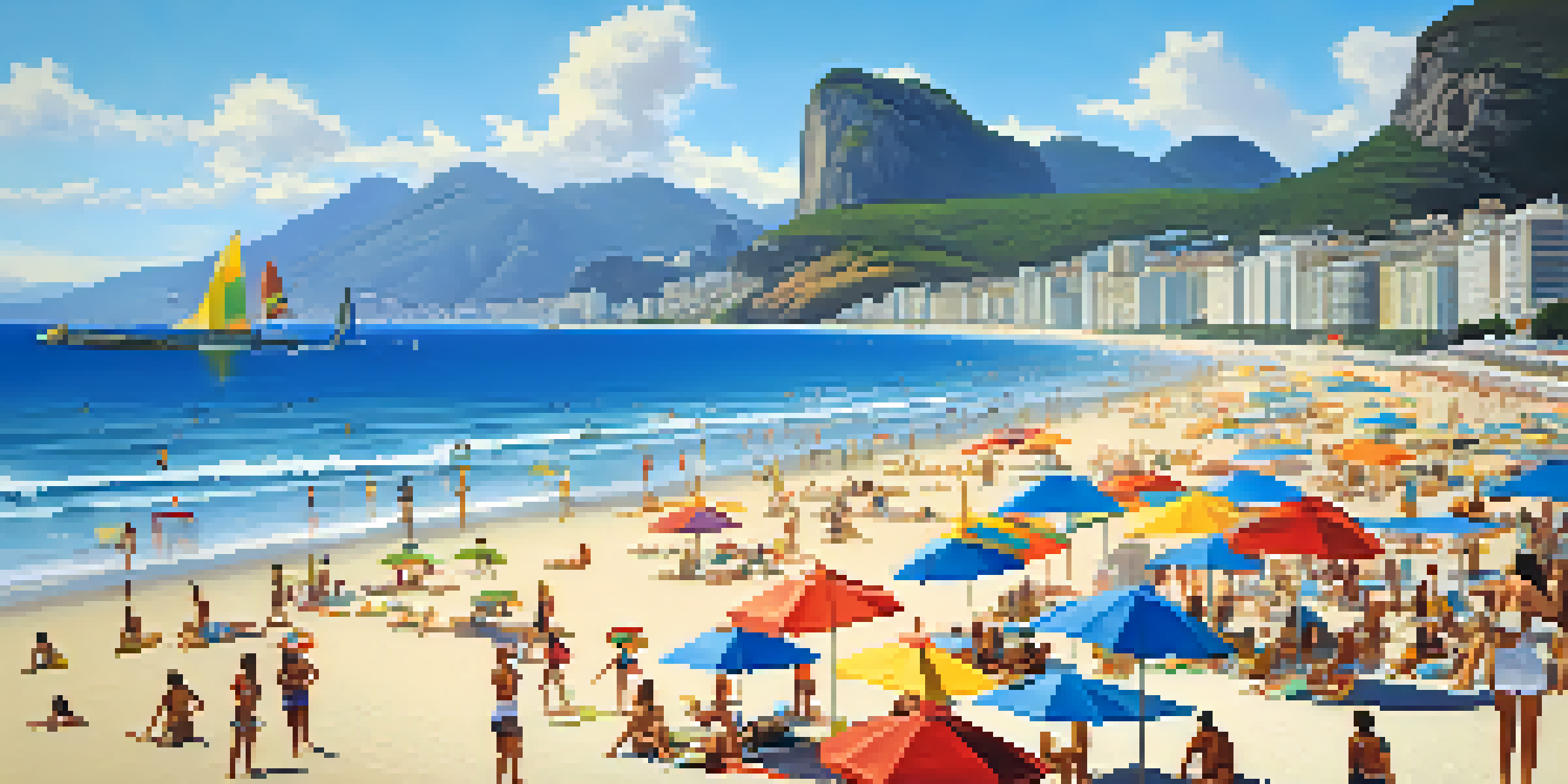 A lively beach scene at Copacabana with people enjoying the sun and ocean activities.