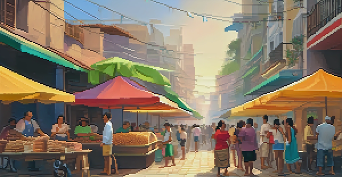 A lively Brazilian street food market with colorful stalls and people enjoying various dishes.