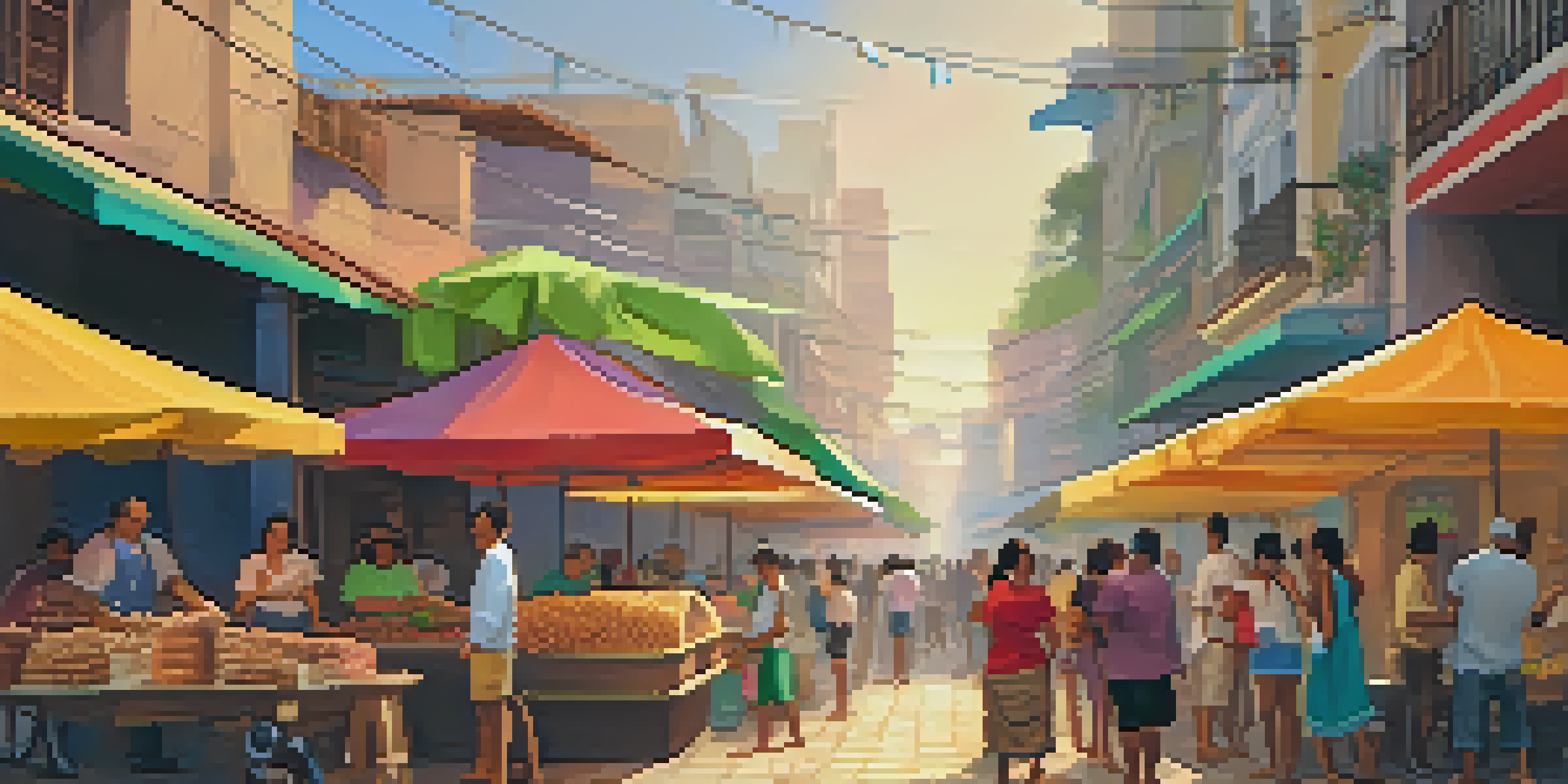 A lively Brazilian street food market with colorful stalls and people enjoying various dishes.