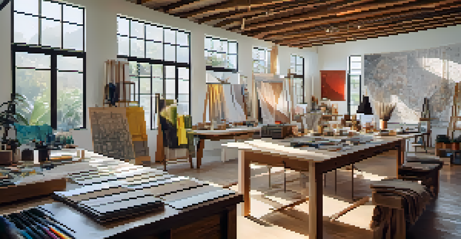 Brazilian designers working together in a bright workshop filled with sketches and sustainable materials.