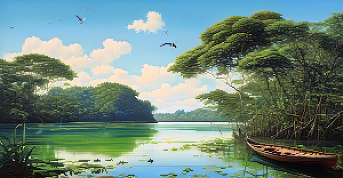 A scenic view of the Amazon River with green banks and sandy beaches, featuring a wooden boat and colorful birds.