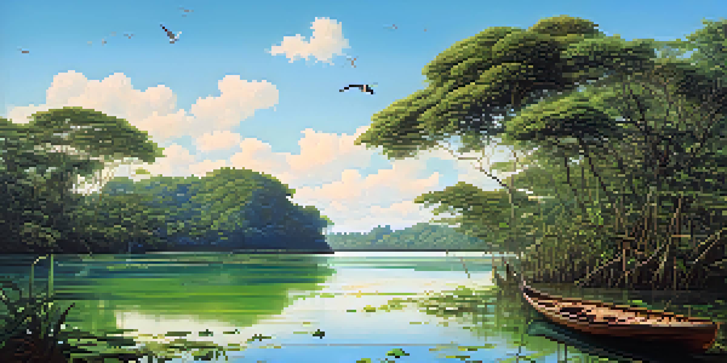 A scenic view of the Amazon River with green banks and sandy beaches, featuring a wooden boat and colorful birds.