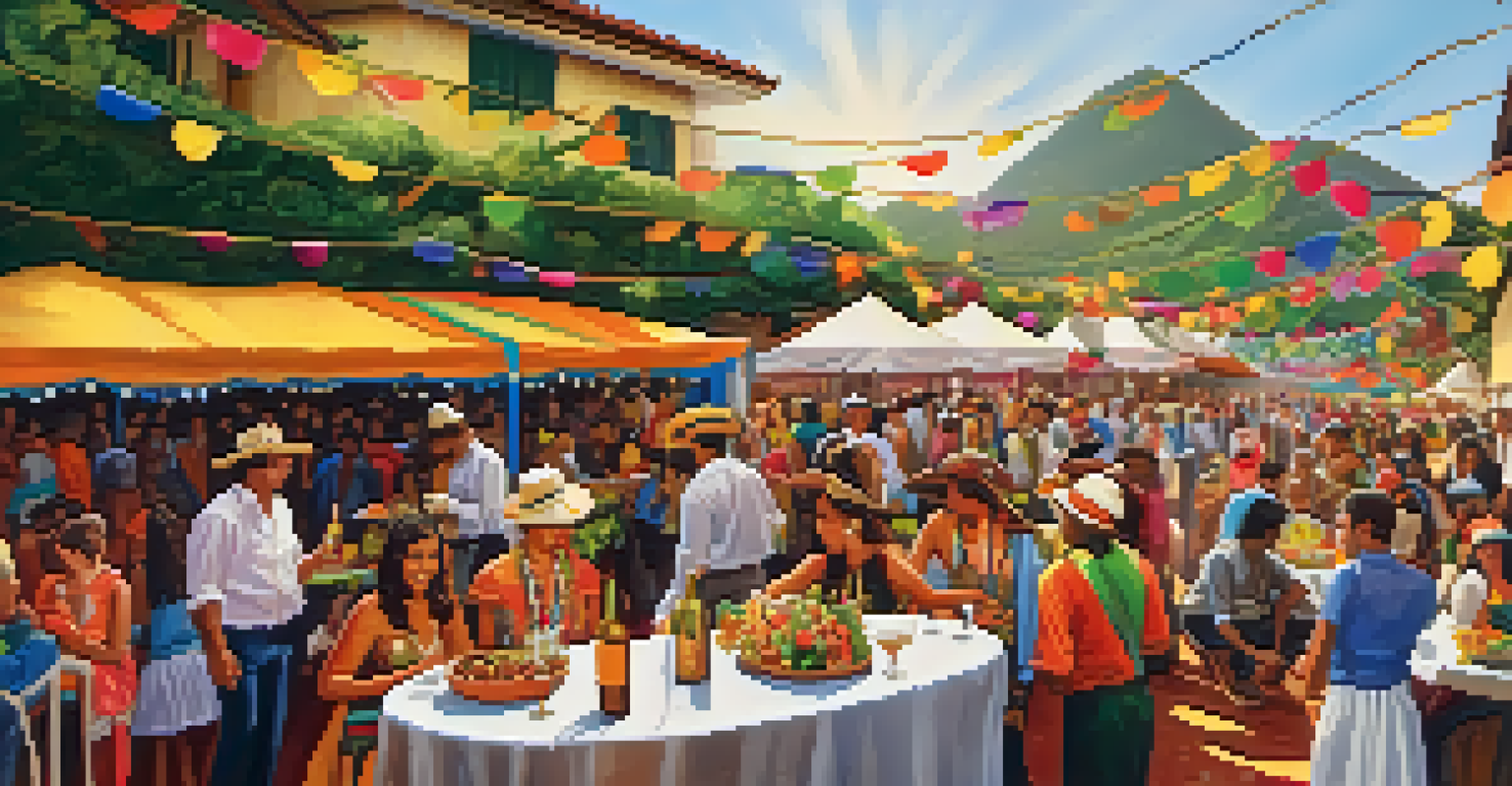 A lively Brazilian wine festival with colorful decorations, people tasting wine, traditional foods, and dancers performing in vibrant costumes.