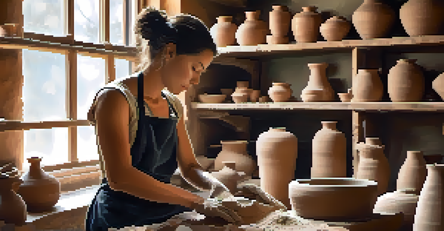 An artist in a pottery studio shaping clay by hand, with shelves of finished ceramics and tools visible in a well-lit environment.