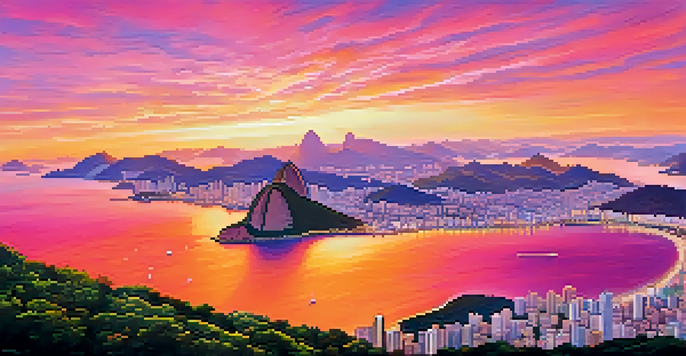 A stunning sunrise over Sugarloaf Mountain with colorful skies and the city of Rio de Janeiro in the background.