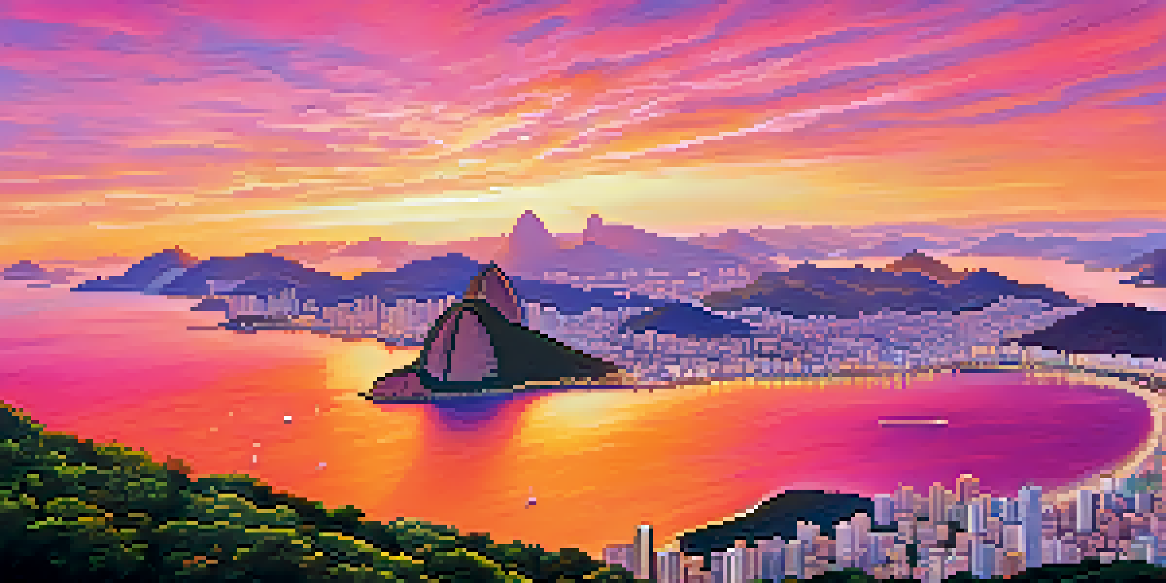 A stunning sunrise over Sugarloaf Mountain with colorful skies and the city of Rio de Janeiro in the background.