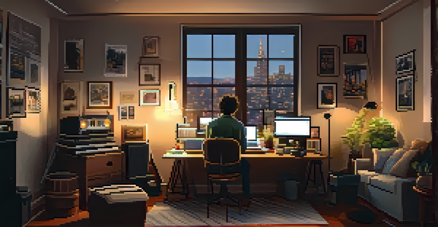 A filmmaker in a cozy home studio surrounded by film equipment and storyboards, with warm lighting and a city view outside.