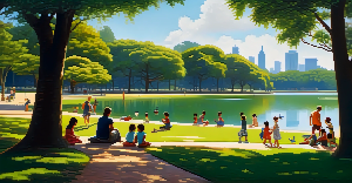 A picturesque park scene with families picnicking and children playing in a playground, surrounded by green trees and a lake.