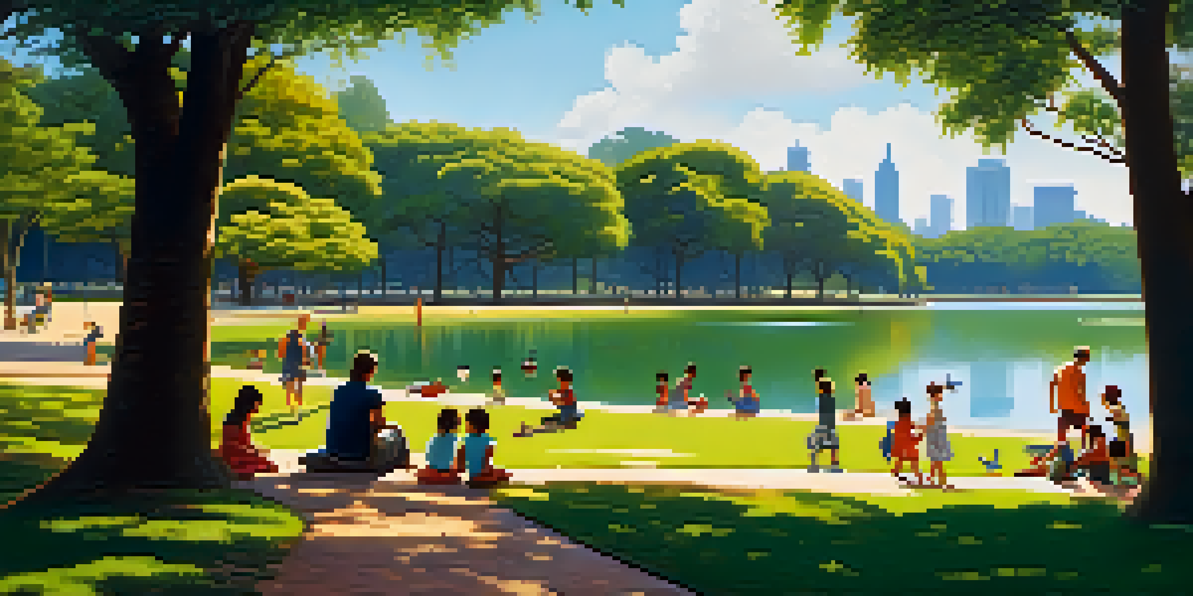A picturesque park scene with families picnicking and children playing in a playground, surrounded by green trees and a lake.