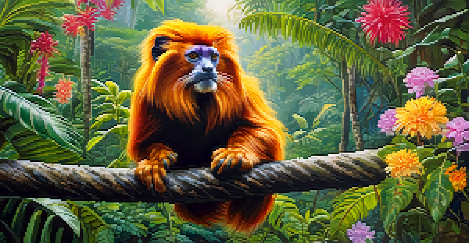 A golden lion tamarin on a branch in the Atlantic Forest with bright flowers and sunlight filtering through the trees.