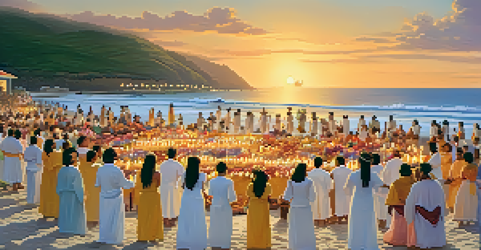 Devotees in white attire placing flower offerings on the beach during the Festa de Iemanjá festival at sunset.
