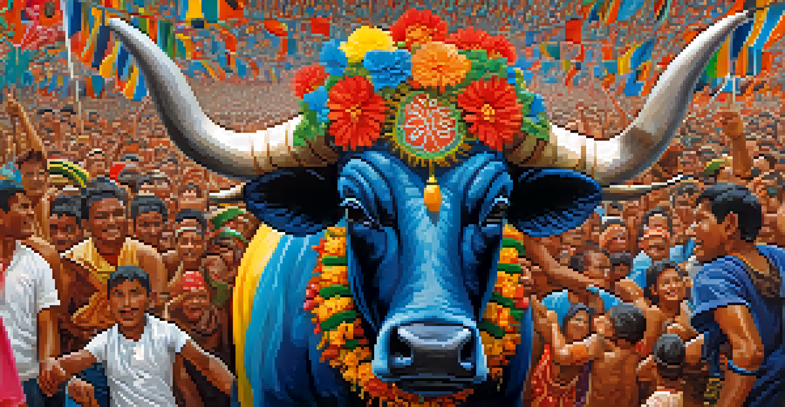 A detailed close-up of the Boi Bumbá, decorated with vibrant colors and patterns, with cheering festival-goers in the background.