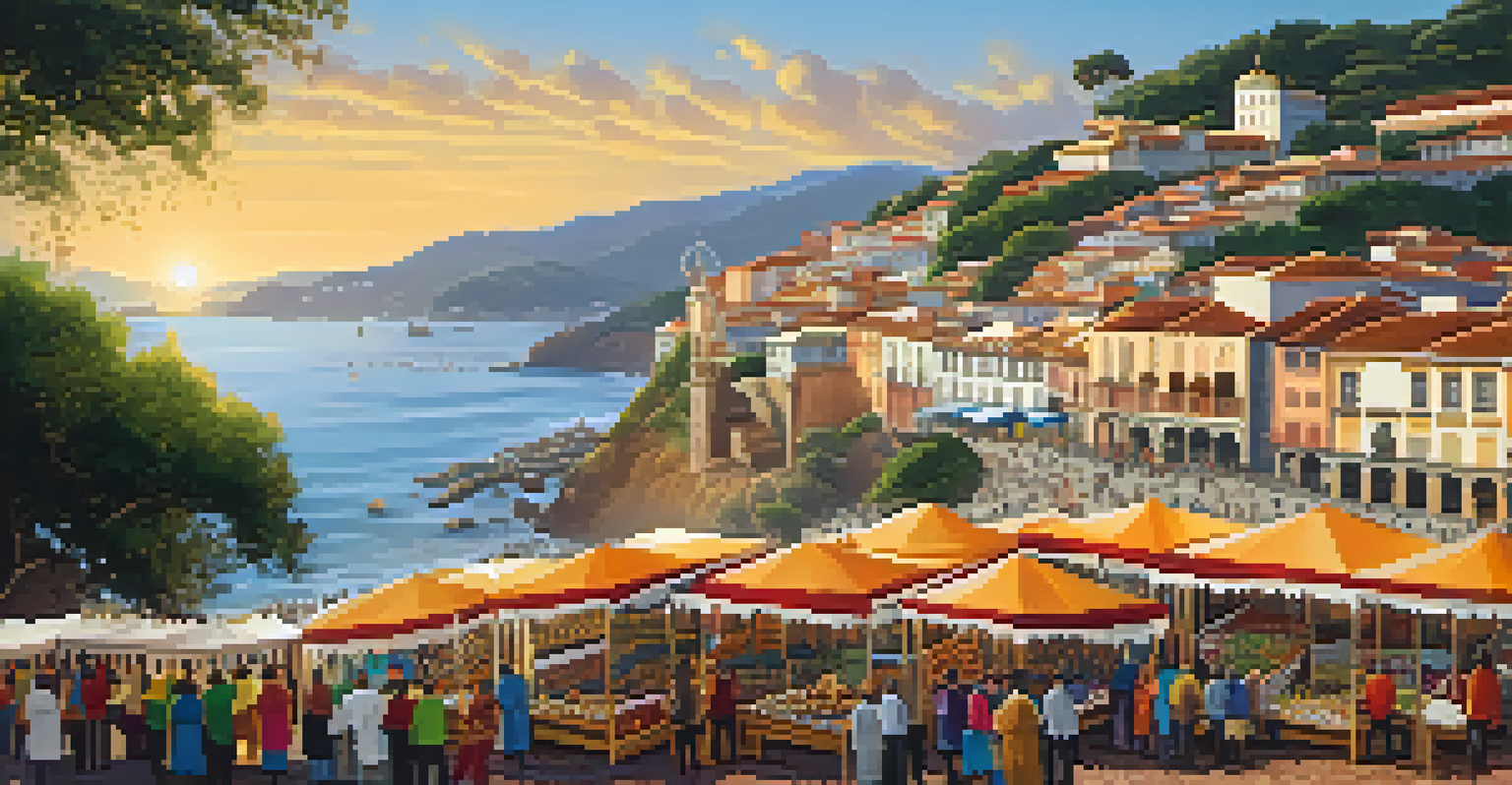 A scenic market with artisans displaying their crafts, set against beautiful hills and a sunset in the background.