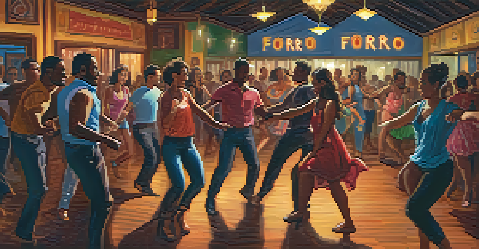 A diverse group of dancers participating in a Forró dance night at a club, filled with warm lighting and joyful expressions.