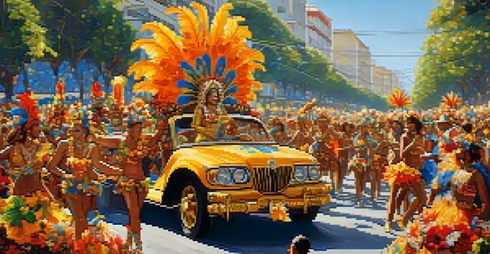 A lively Carnaval parade in Rio de Janeiro with colorful floats and dancers in feathered costumes under a bright blue sky.