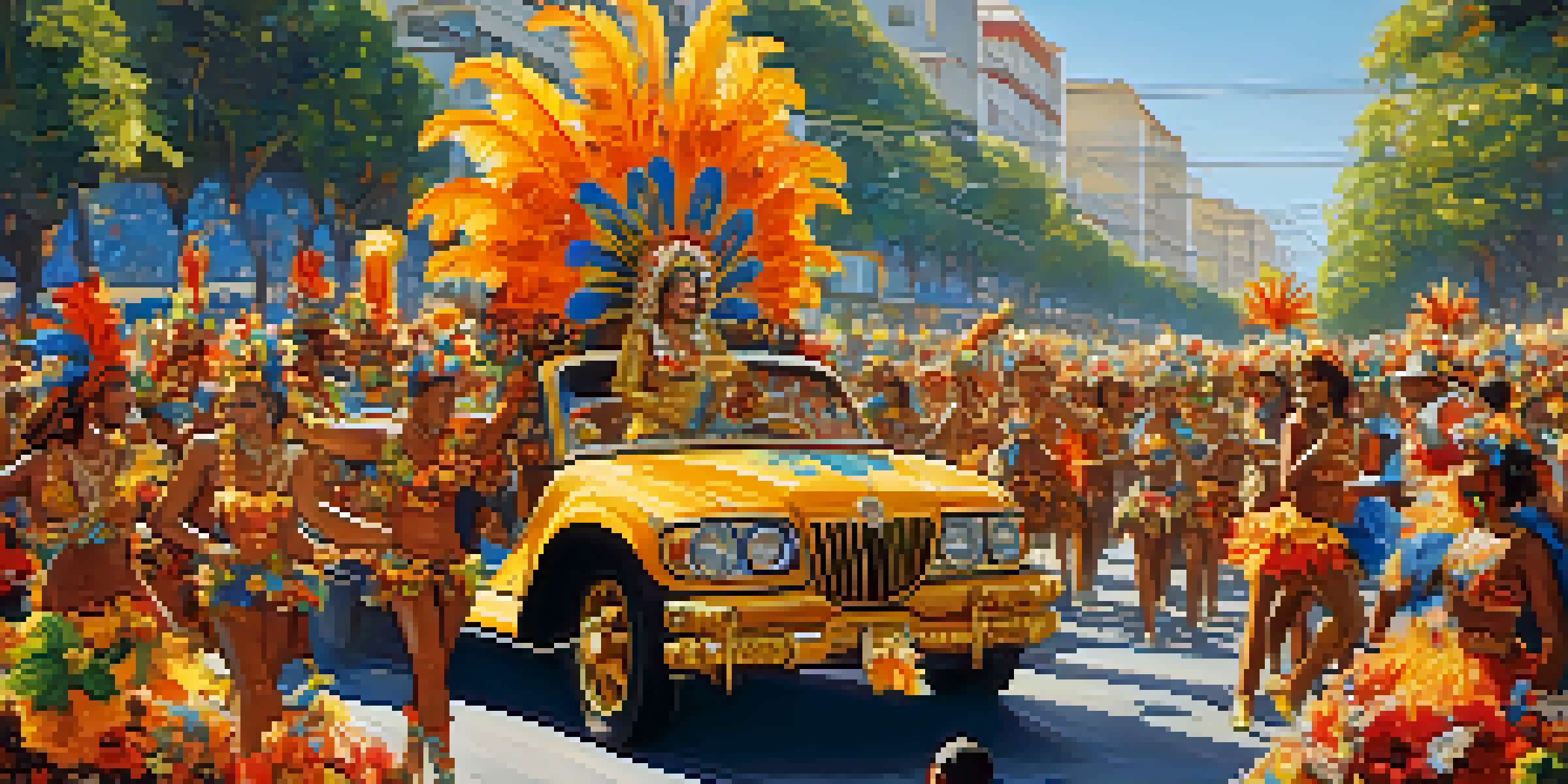 A lively Carnaval parade in Rio de Janeiro with colorful floats and dancers in feathered costumes under a bright blue sky.
