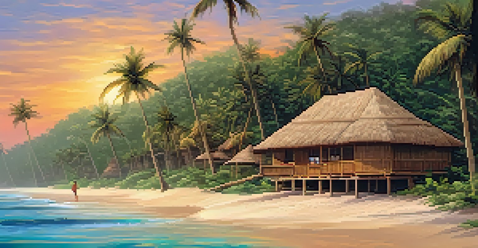 A coastal eco-lodge on a beach in Bahia, with palm trees, a thatched roof, and a colorful sunset in the background.