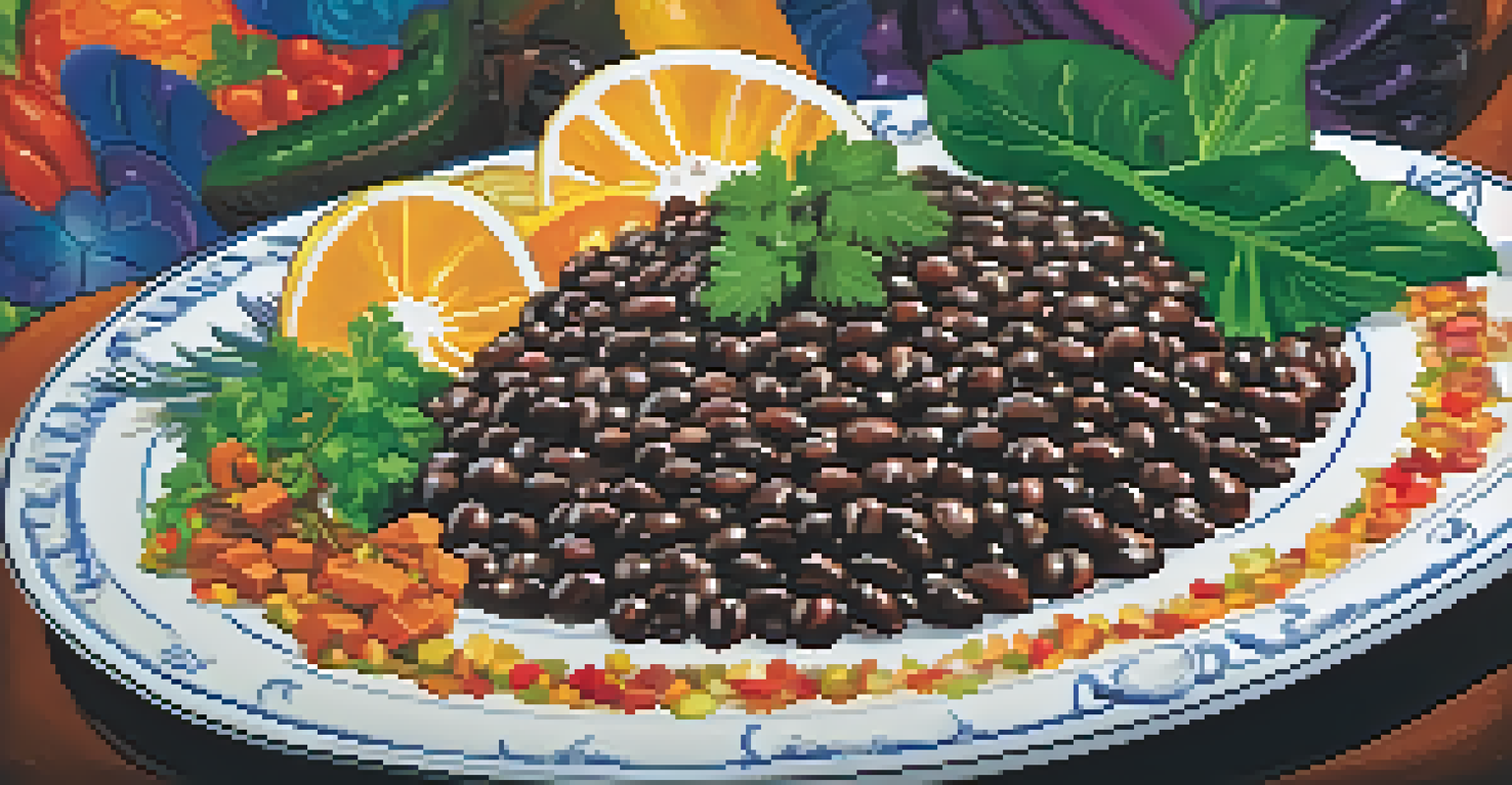 A close-up of a traditional Brazilian dish featuring feijoada, served with rice and garnished with herbs, set against a vibrant festival backdrop.