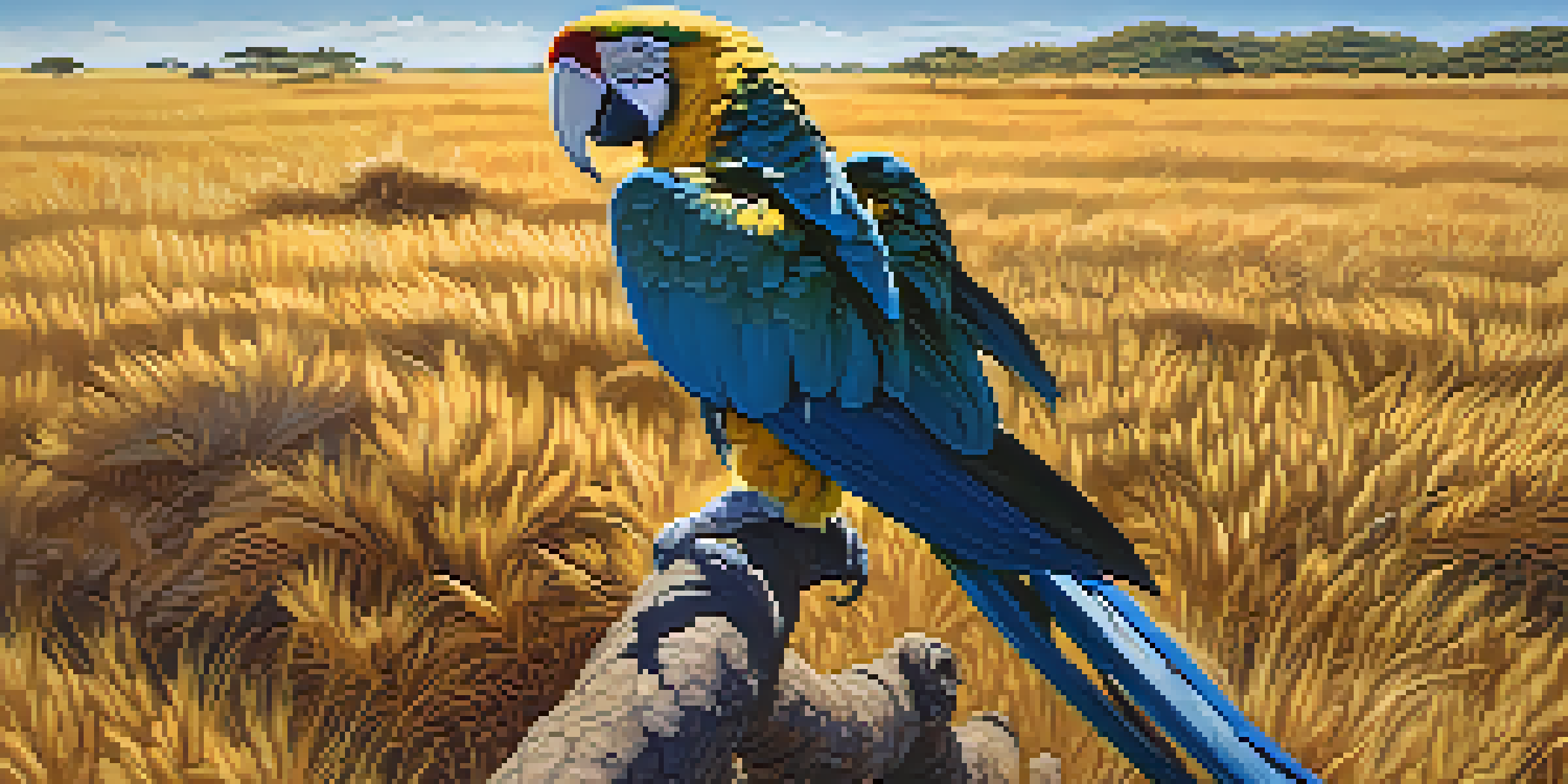 A wide landscape of the Brazilian Cerrado with golden grasses, scattered trees, and a colorful macaw perched on a branch.
