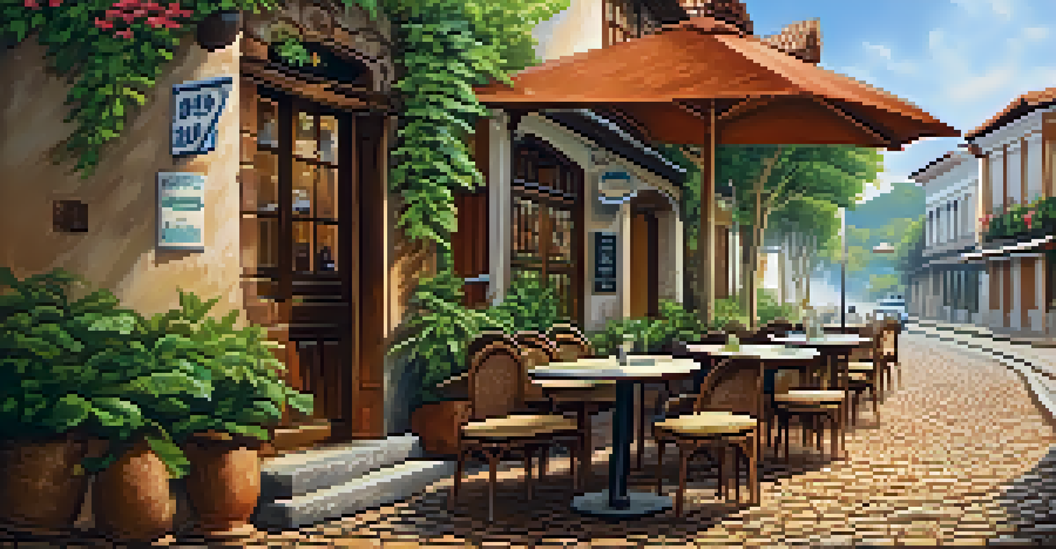 A cozy café setting in Tiradentes, Brazil, with coffee and carrot cake on a table amidst charming colonial architecture and greenery.