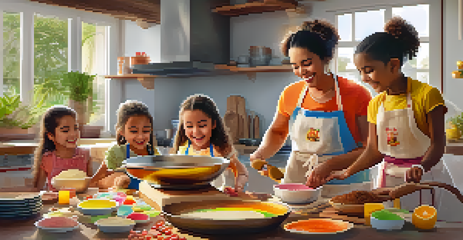 A family cooking class in Pernambuco with children and parents joyfully making bolo de rolo together in a bright kitchen.