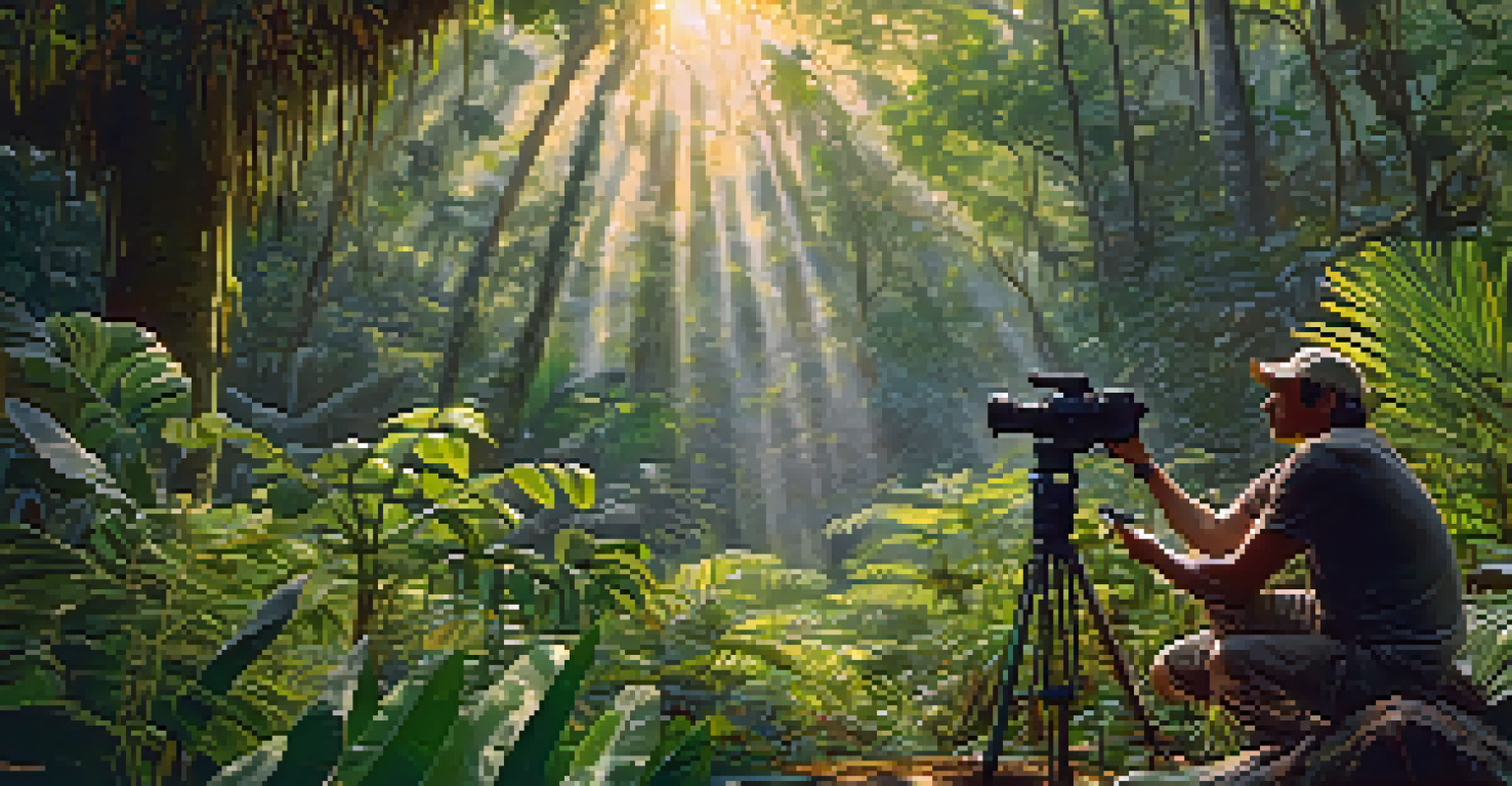 A filmmaker capturing footage in the Amazon rainforest, surrounded by lush greenery and sunlight filtering through the trees.