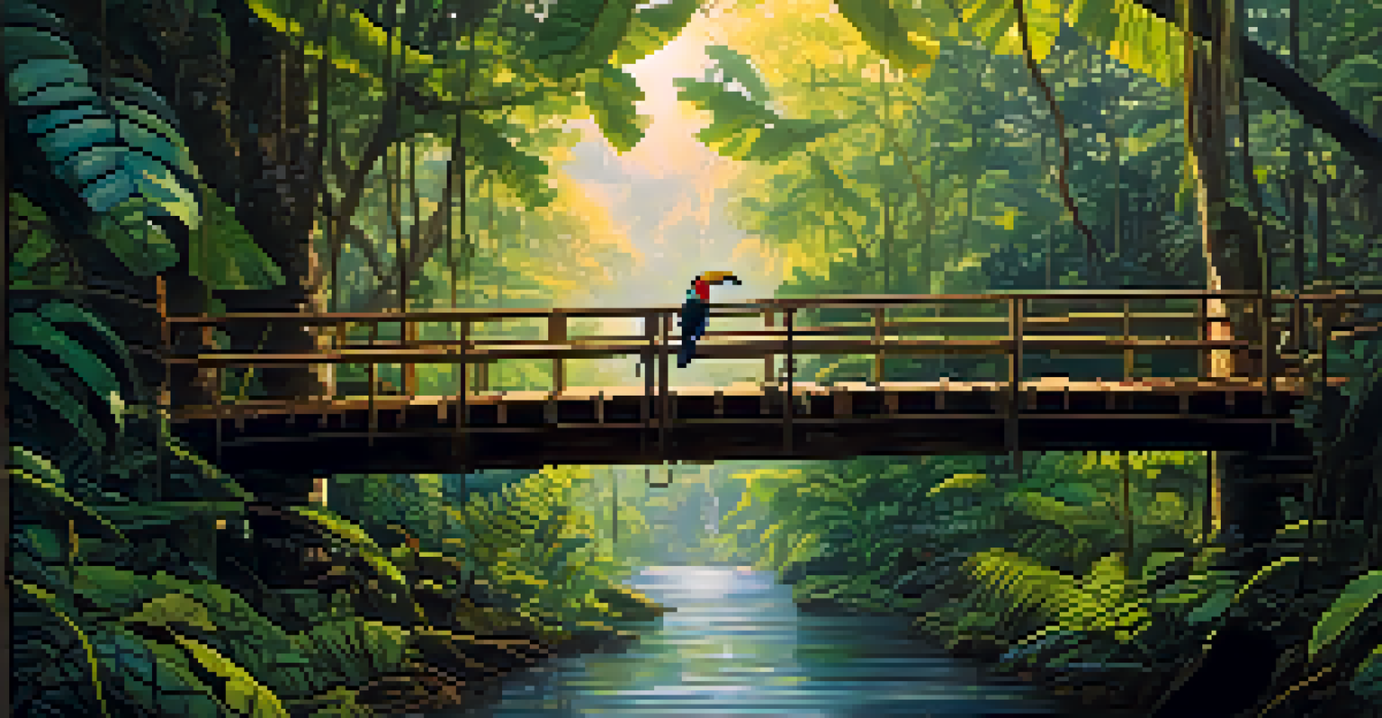 An explorer crossing a wooden bridge in the Amazon Rainforest, with toucans and monkeys in the background.