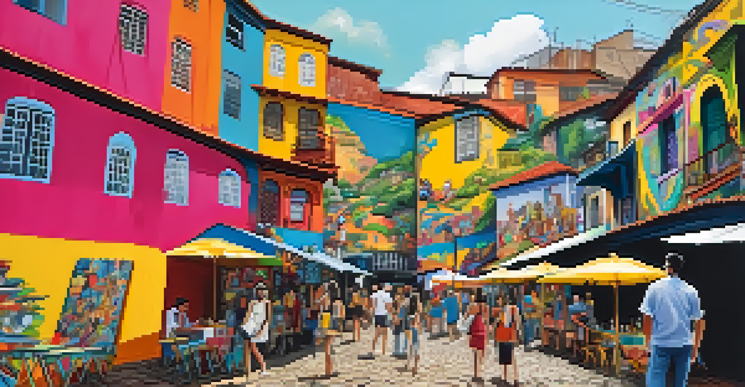 Beco do Batman in Vila Madalena, showcasing colorful street art murals and artisan stalls with handmade crafts. Visitors are exploring the vibrant market atmosphere.