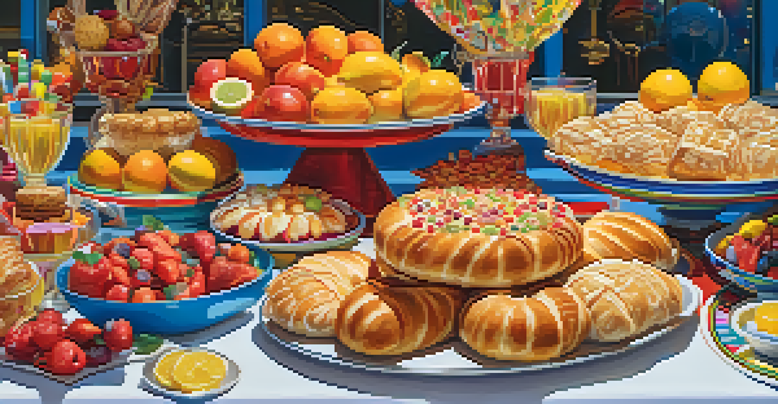 An array of colorful traditional Carnival foods displayed on a decorated table.