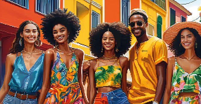 A group of friends in vibrant clothing surrounded by tropical plants, capturing the essence of Brazilian street fashion.