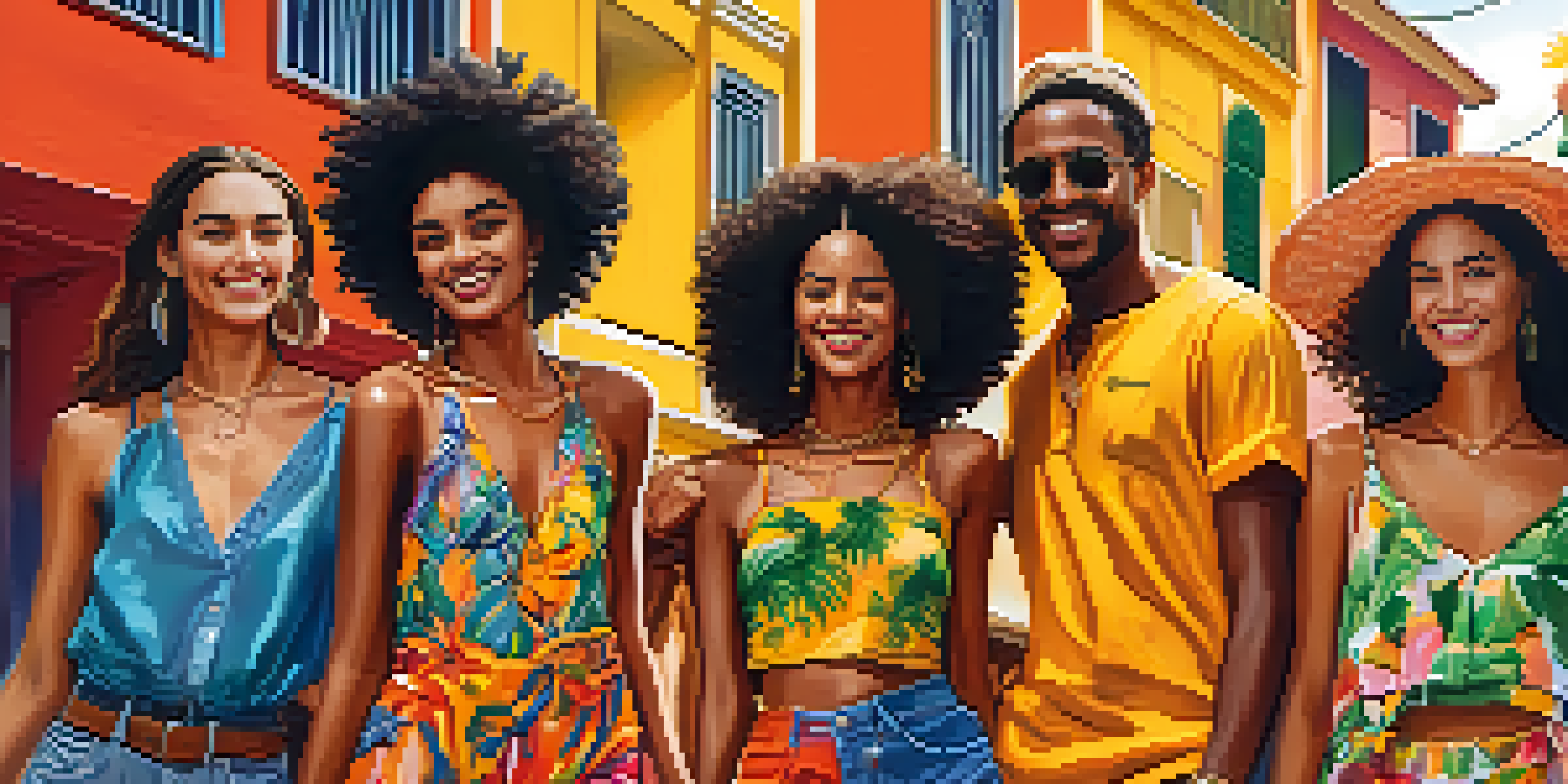 A group of friends in vibrant clothing surrounded by tropical plants, capturing the essence of Brazilian street fashion.