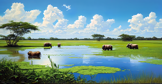 A scenic view of the Pantanal wetlands with green vegetation and water, featuring capybaras on the riverbank under a blue sky.