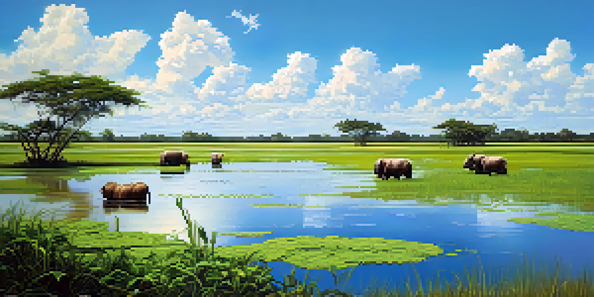A scenic view of the Pantanal wetlands with green vegetation and water, featuring capybaras on the riverbank under a blue sky.