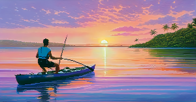 A tranquil Brazilian beach at sunrise with a kayaker on clear waters and lush vegetation.