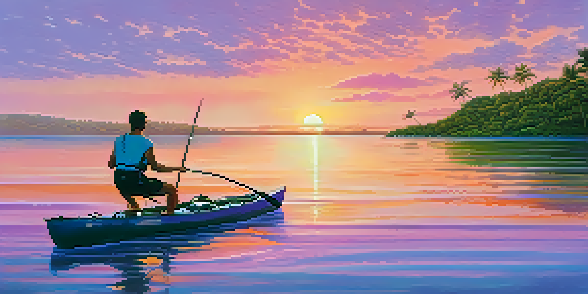 A tranquil Brazilian beach at sunrise with a kayaker on clear waters and lush vegetation.