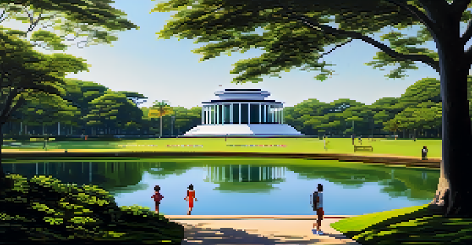 A sunny afternoon at Ibirapuera Park featuring green lawns, colorful flowers, a peaceful lake, and the Afro-Brazil Museum in the background.