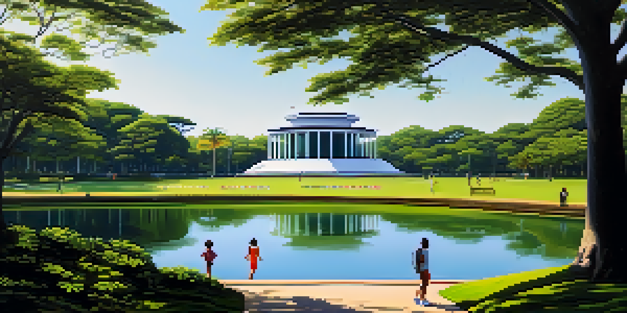 A sunny afternoon at Ibirapuera Park featuring green lawns, colorful flowers, a peaceful lake, and the Afro-Brazil Museum in the background.