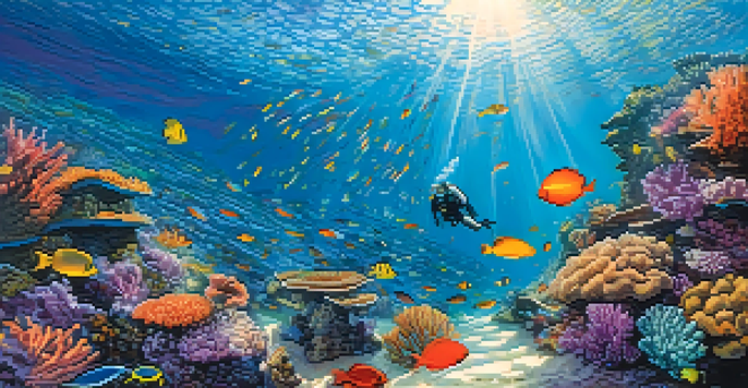 An underwater view of a colorful coral reef in Brazil, with schools of fish and sunlight creating patterns on the ocean floor.